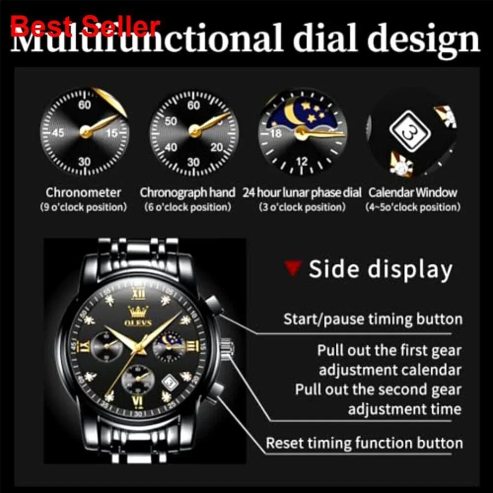 Stainless Steel Moon Phase Chronograph Watch with Date Display